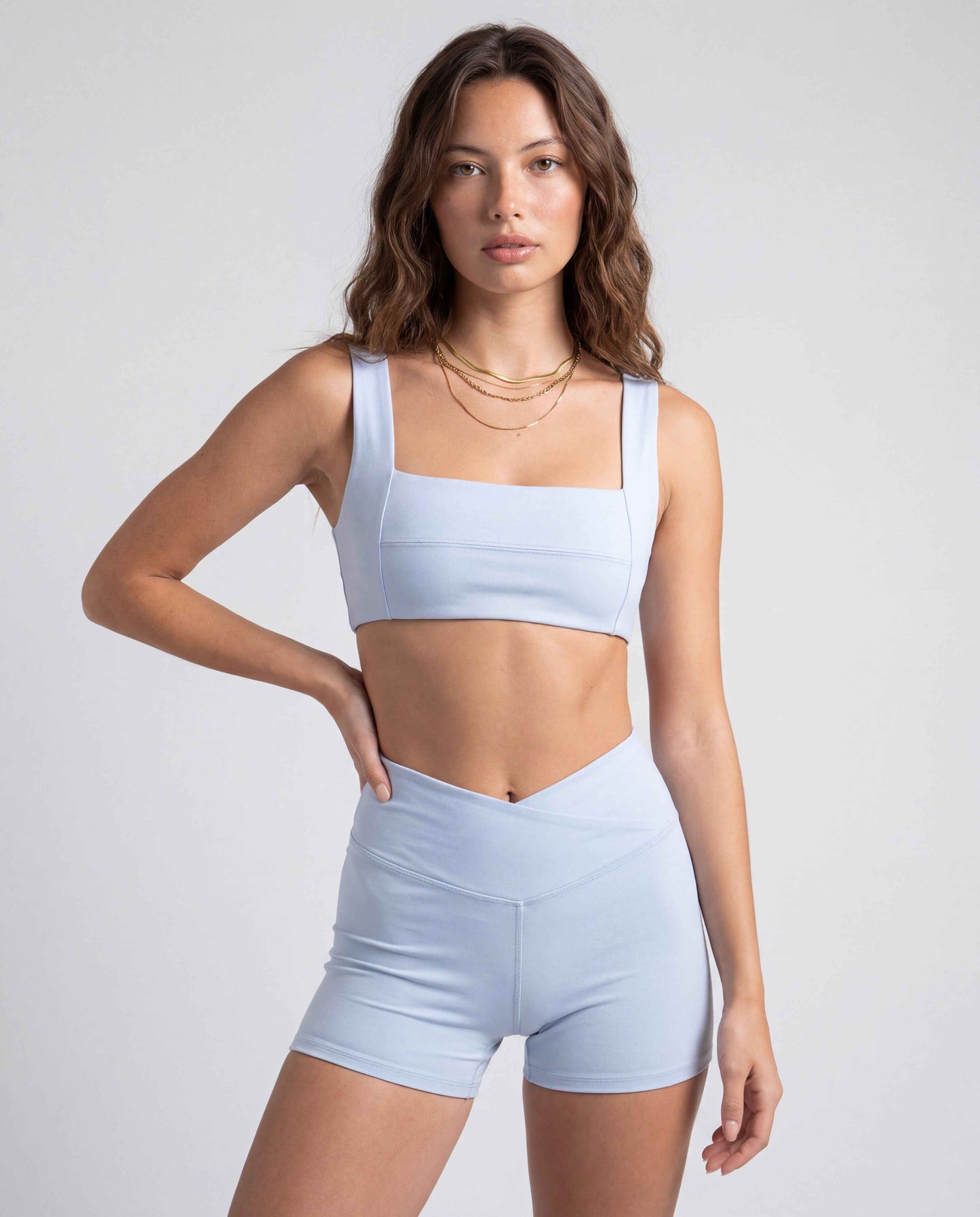 Women's Sculpting Workout Shorts 5 Inch - Baby Blue | Criss-Cross Waistband with Pocket