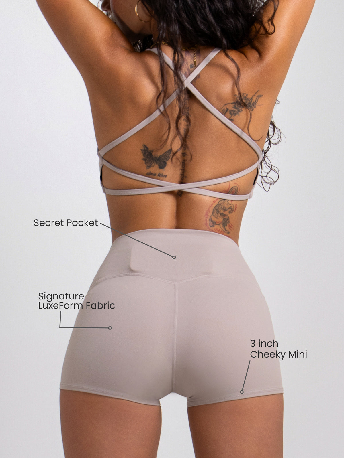 Women's Mini Sculpting Shorts 3 Inch - Mocha Taupe | Criss-Cross Waistband with Pocket
