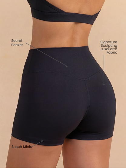 Short sculptant mini femme 3 pouces - Noir | Ceinture croisée avec poche