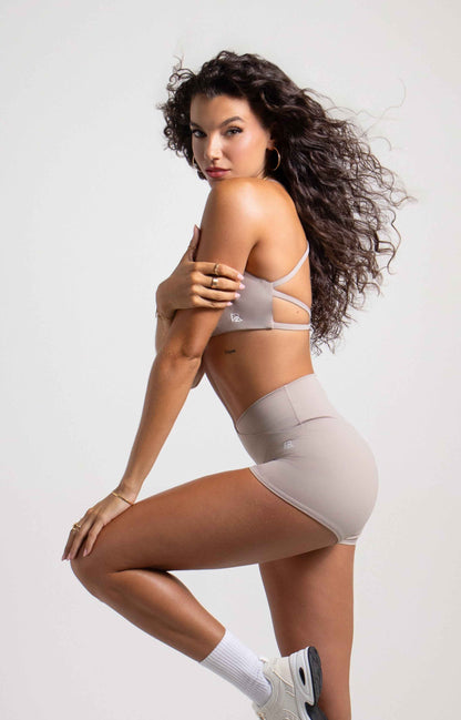 Women's Strappy Open-Back Sports Bra - Taupe | Scoop Neckline Medium Support
