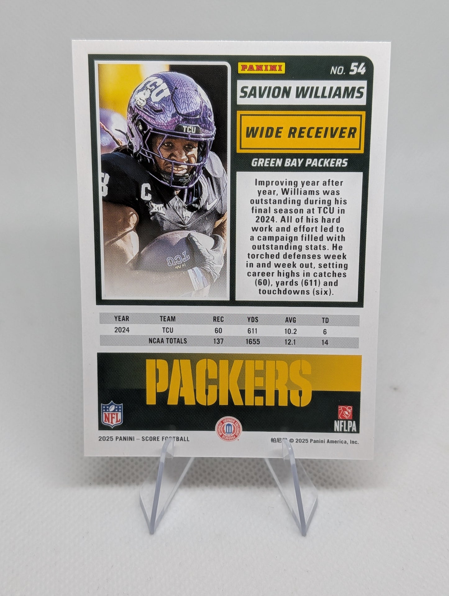 Savion Williams 2025 Rookie Panini (TCU Uniform) No. 54