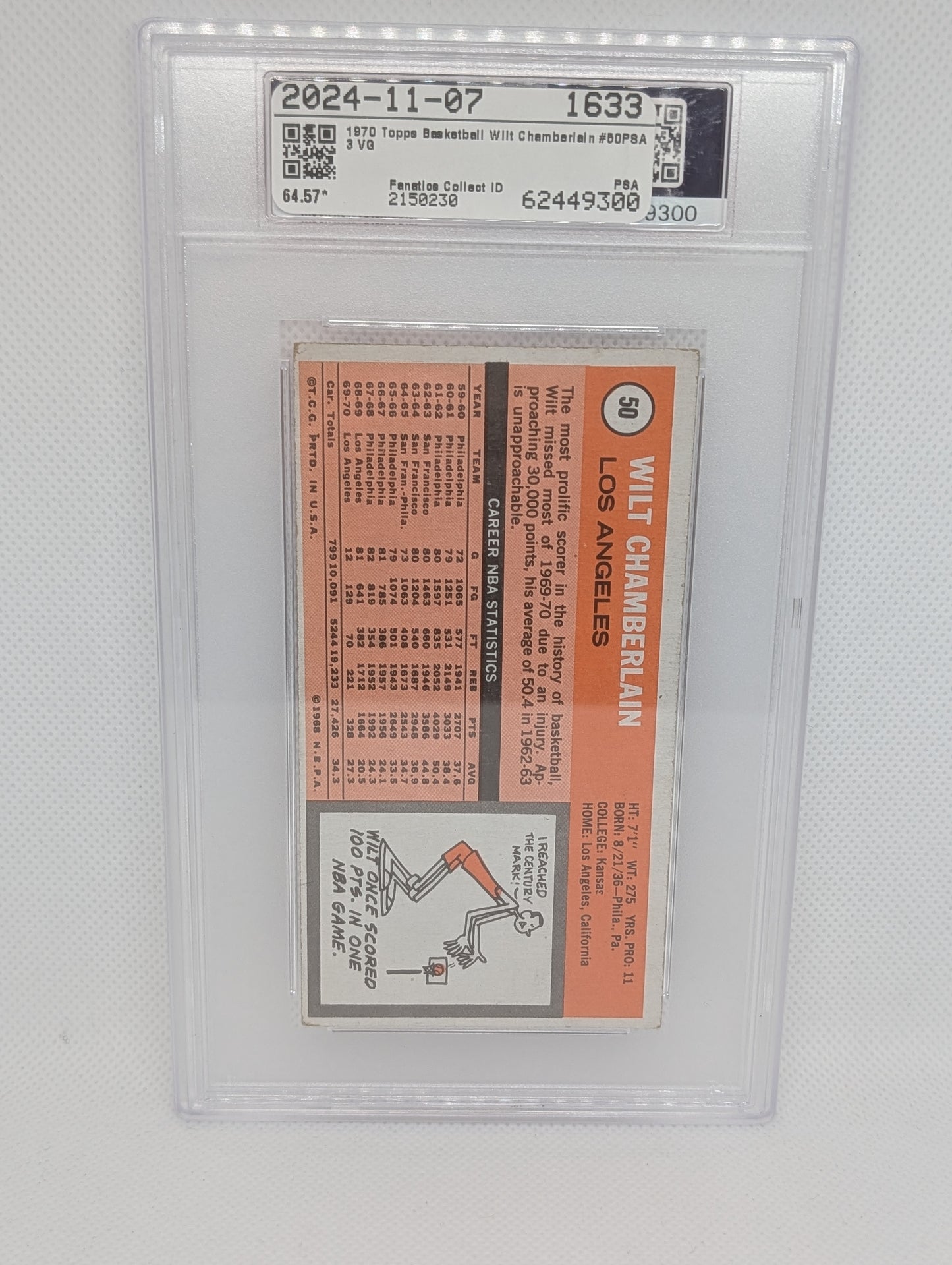 1970 Topps Wilt Chamberlain #50 PSA 3